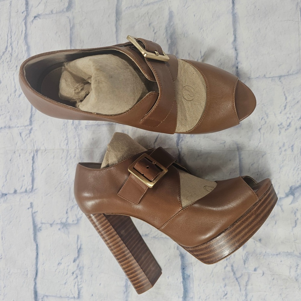 Michael Kors Platform Heels Womens 7M Brown Leather Buckle Peep Toe Block Heel